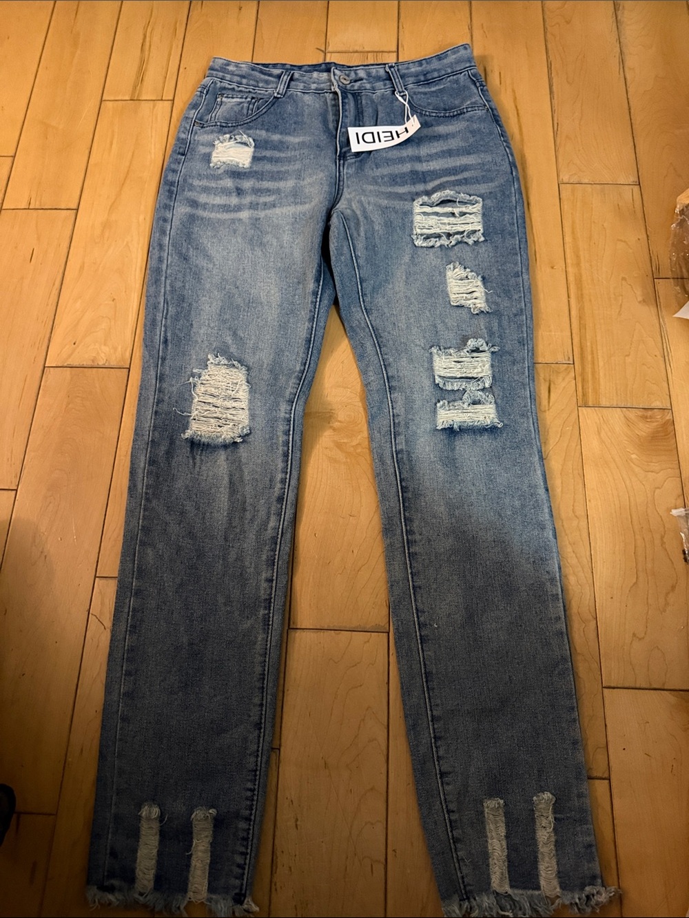 Women's Slim Straight Distressed Jeans - Light Blue